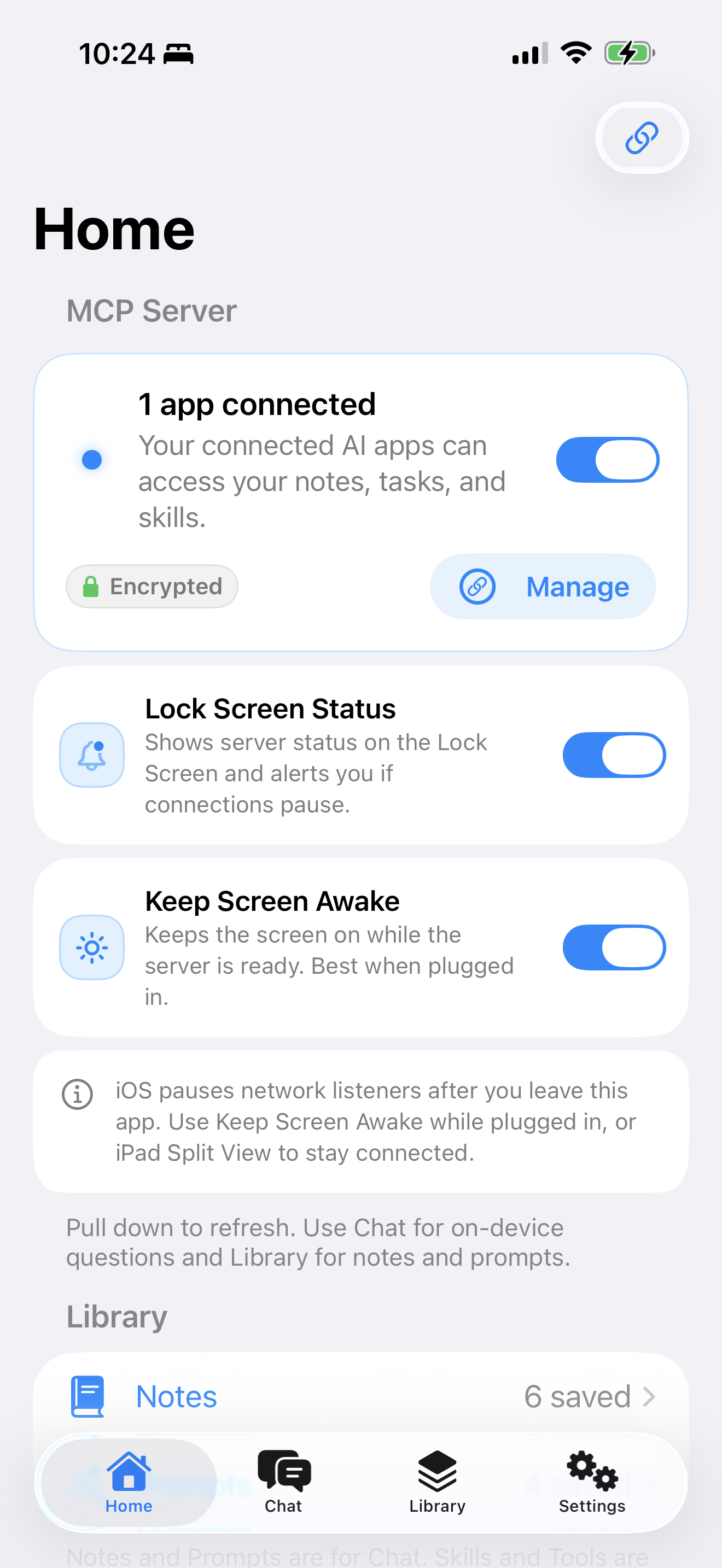 AxisMCP Home screen showing MCP server status with 1 app connected