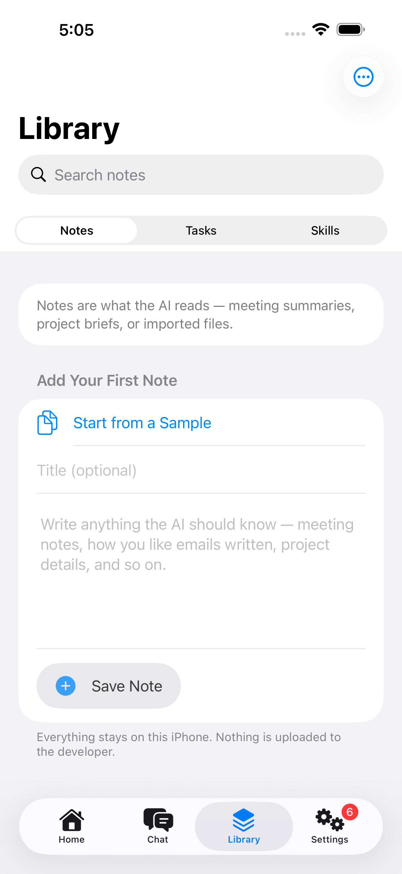 AxisMCP Library tab with Notes, Tasks, and Skills.